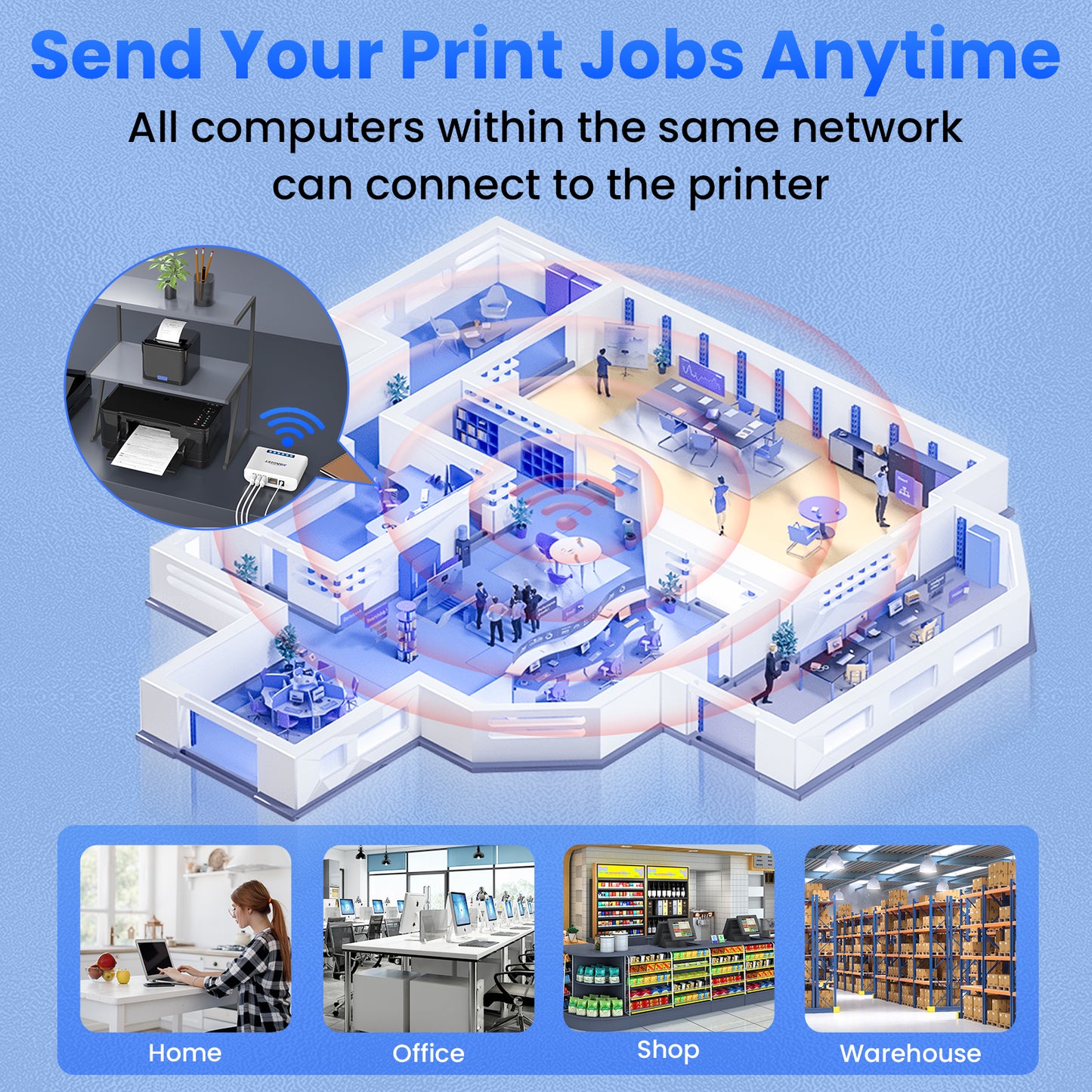 LK300W Wireless Print Server with 3 Ports USB2.0 for Sharing 3 USB Printers