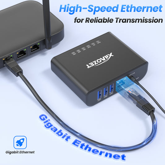 LK301E Gigabit USB Device Server - 3-Port USB Over IP Sharing Hub for LAN, Gigabit Ethernet USB Server Compatible with Printers, Scanners, Dongles